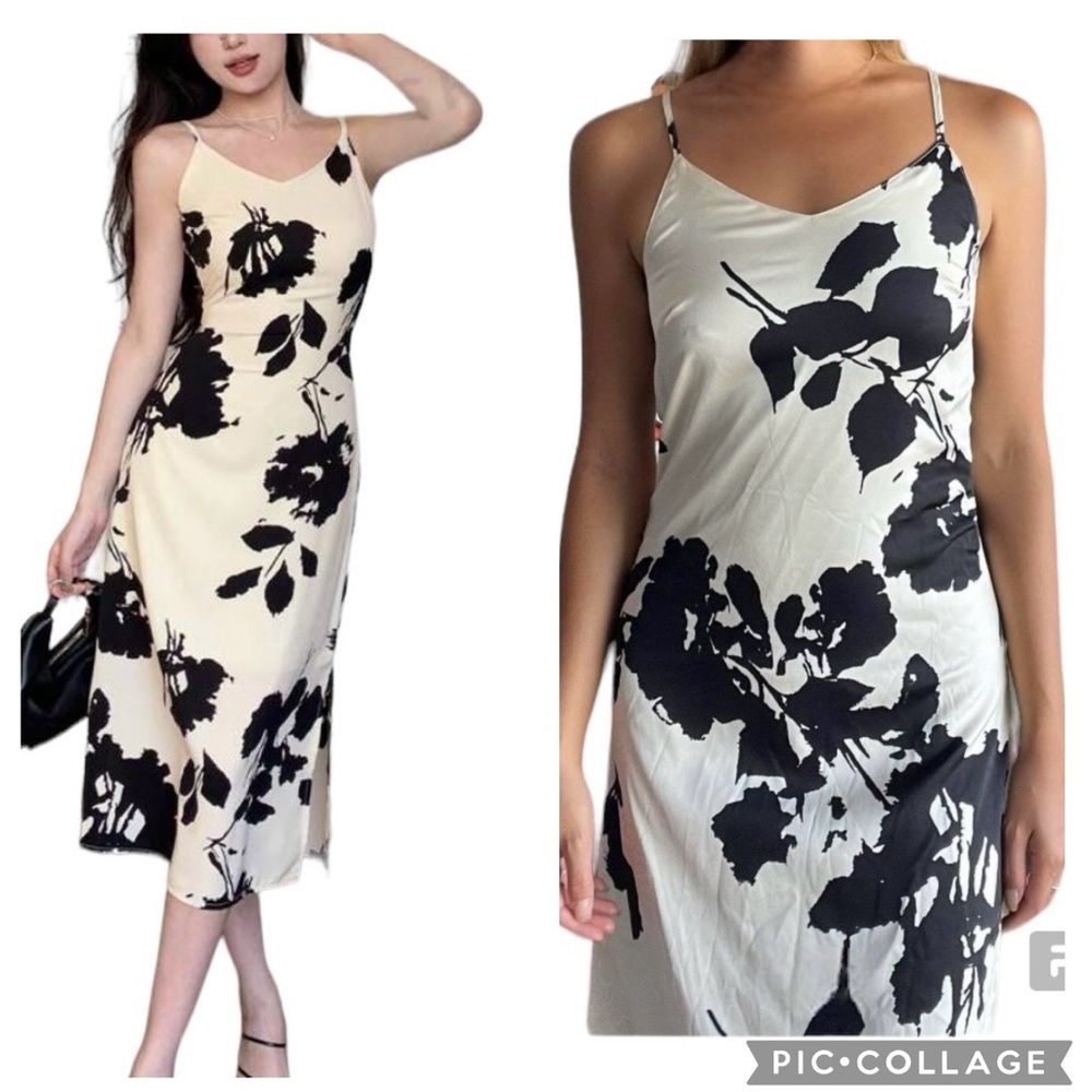 Dazy Black White Midi Slip Dress Adj Spaghetti Straps Polyester Sz L / M Fit